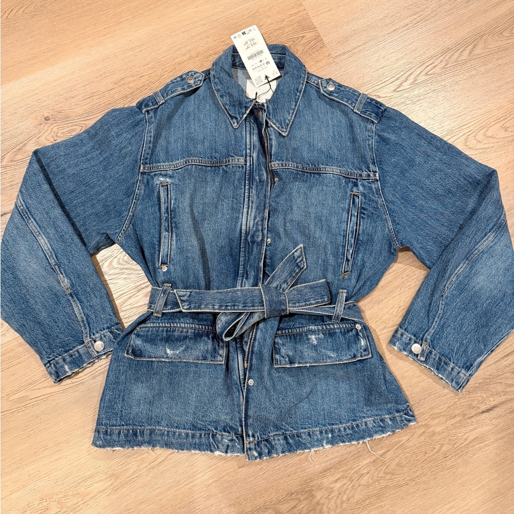 Zara Mild Distressed Denim Tie-Waist Jacket